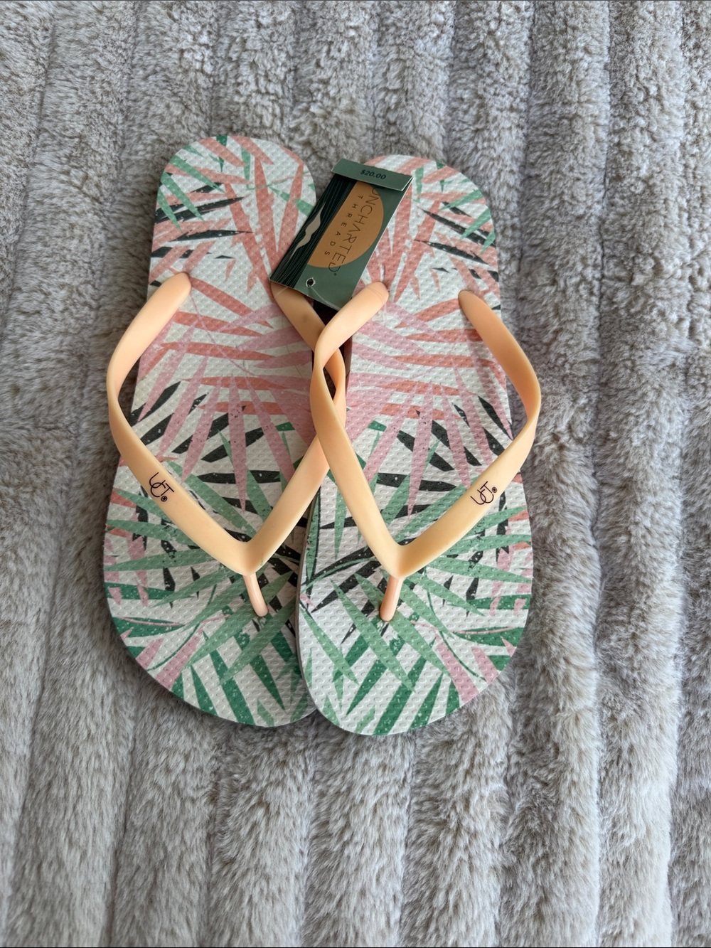 Palm Leaf Print Flip Flops with Peach Straps 7/8